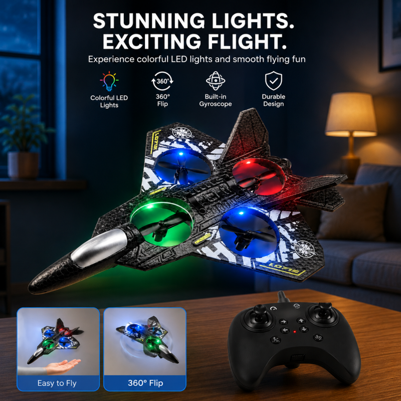 Fighter Plane Remote Control Aircraft High Speed LED Lights Rechargeable Battery Durable Foam RC Airplane for Kids Boys Outdoor Flying Toy Gift