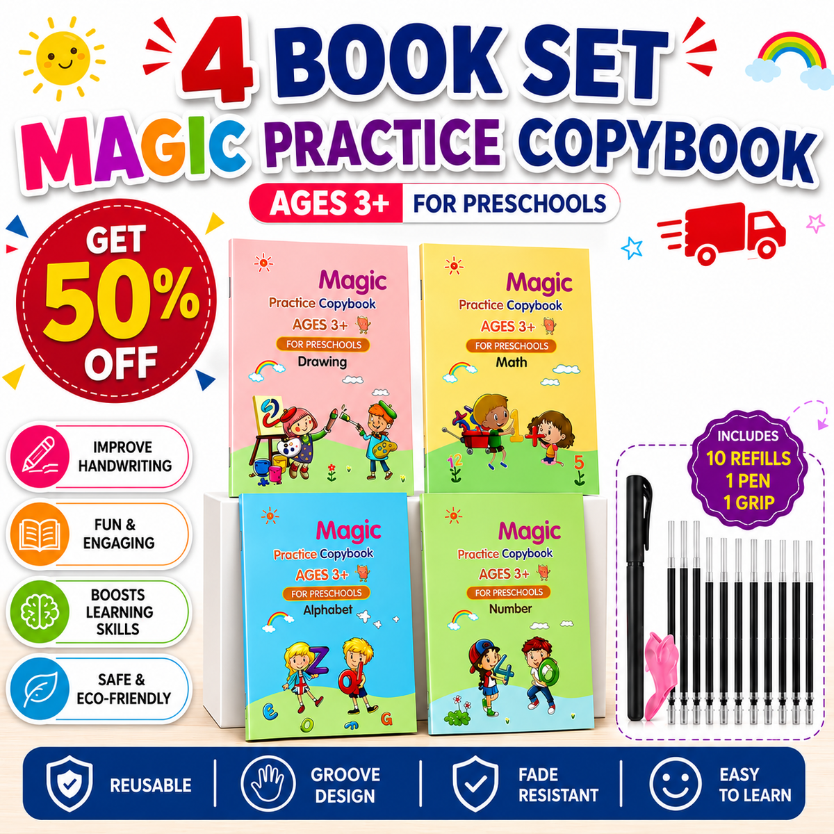 4 Book Set Magic Practice Book + 10 Magic Pen