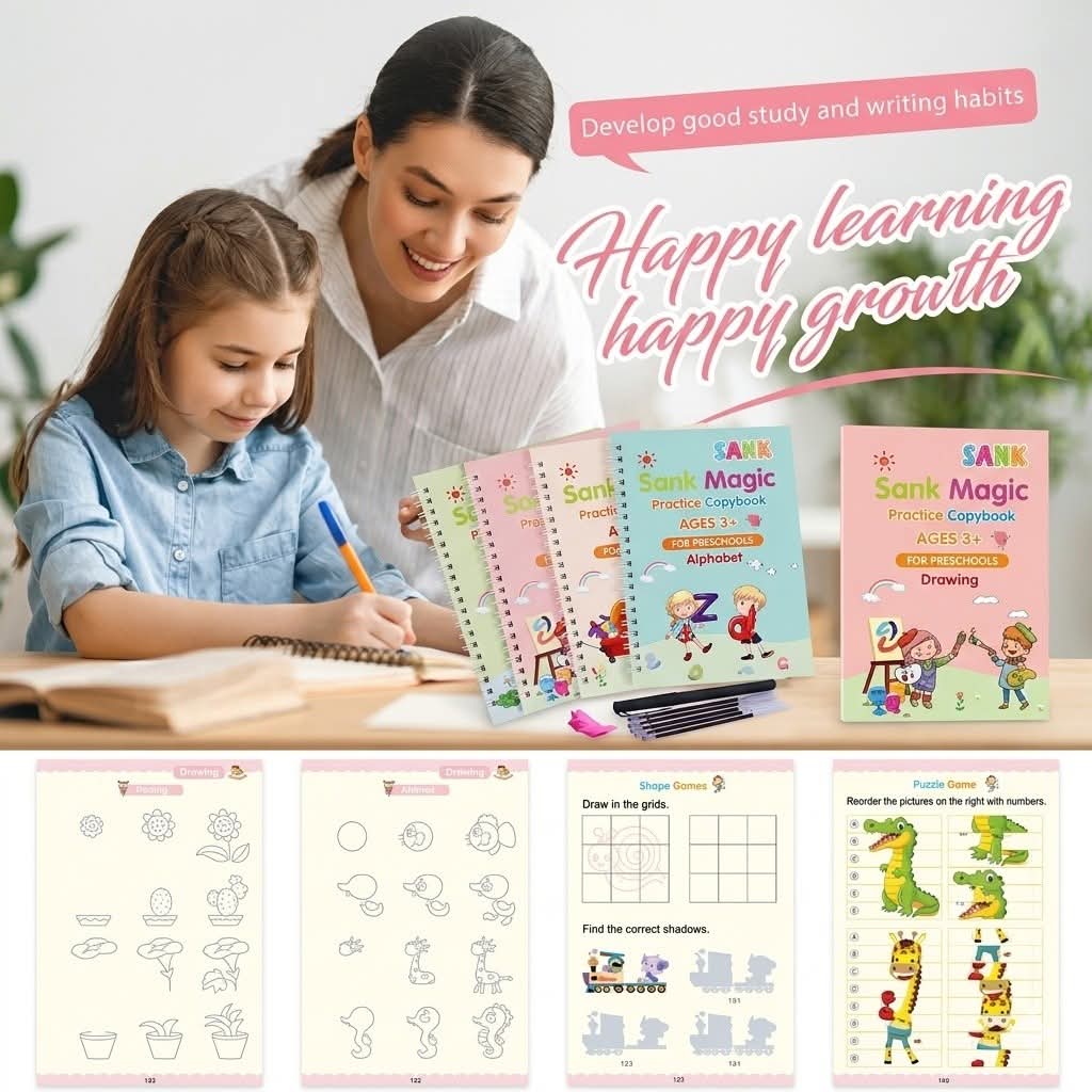 4 Book Set Magic Practice Book + 10 Magic Pen  (Free Delivery)