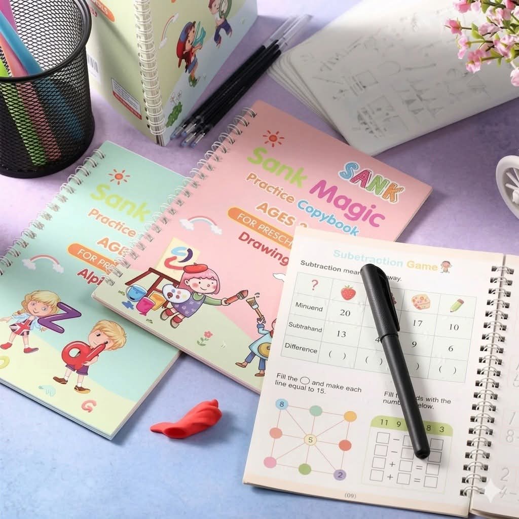 4 Book Set Magic Practice Book + 10 Magic Pen  (Free Delivery)