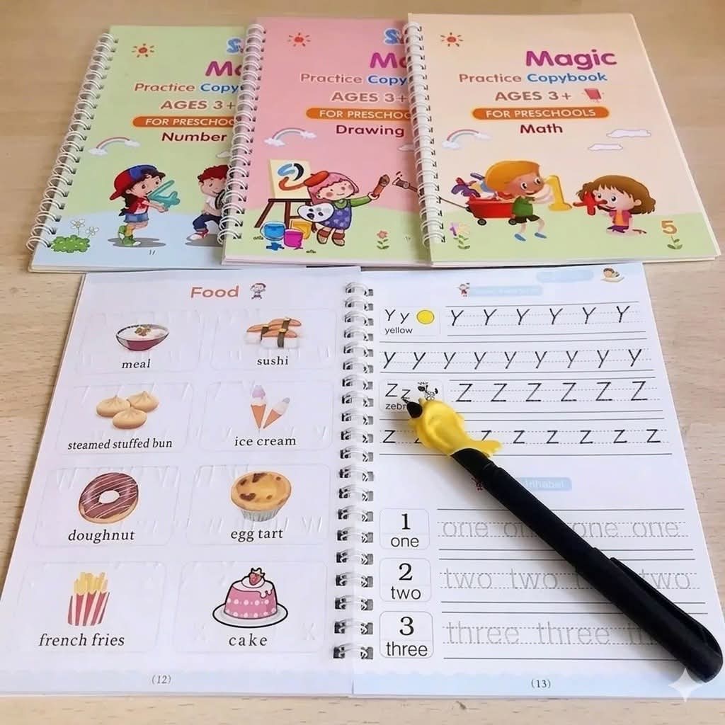 4 Book Set Magic Practice Book + 10 Magic Pen  (Free Delivery)