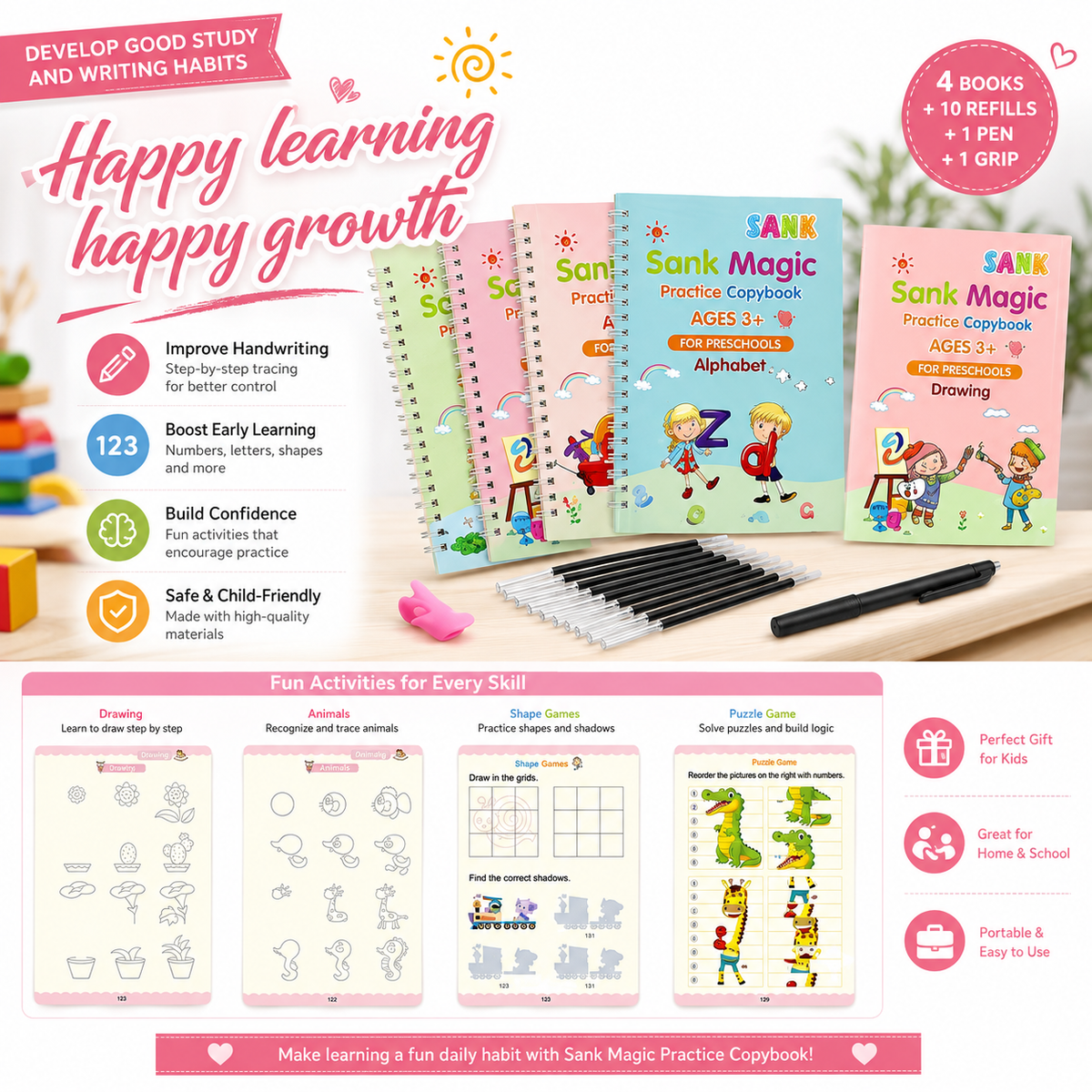 4 Book Set Magic Practice Book + 10 Magic Pen  (Free Delivery)