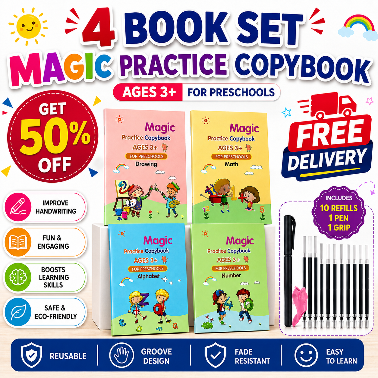 4 Book Set Magic Practice Book + 10 Magic Pen  (Free Delivery)