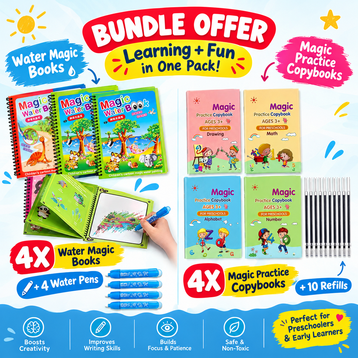 Magic Learning Mega Bundle – 4 Water Magic Books + 4 Practice Books